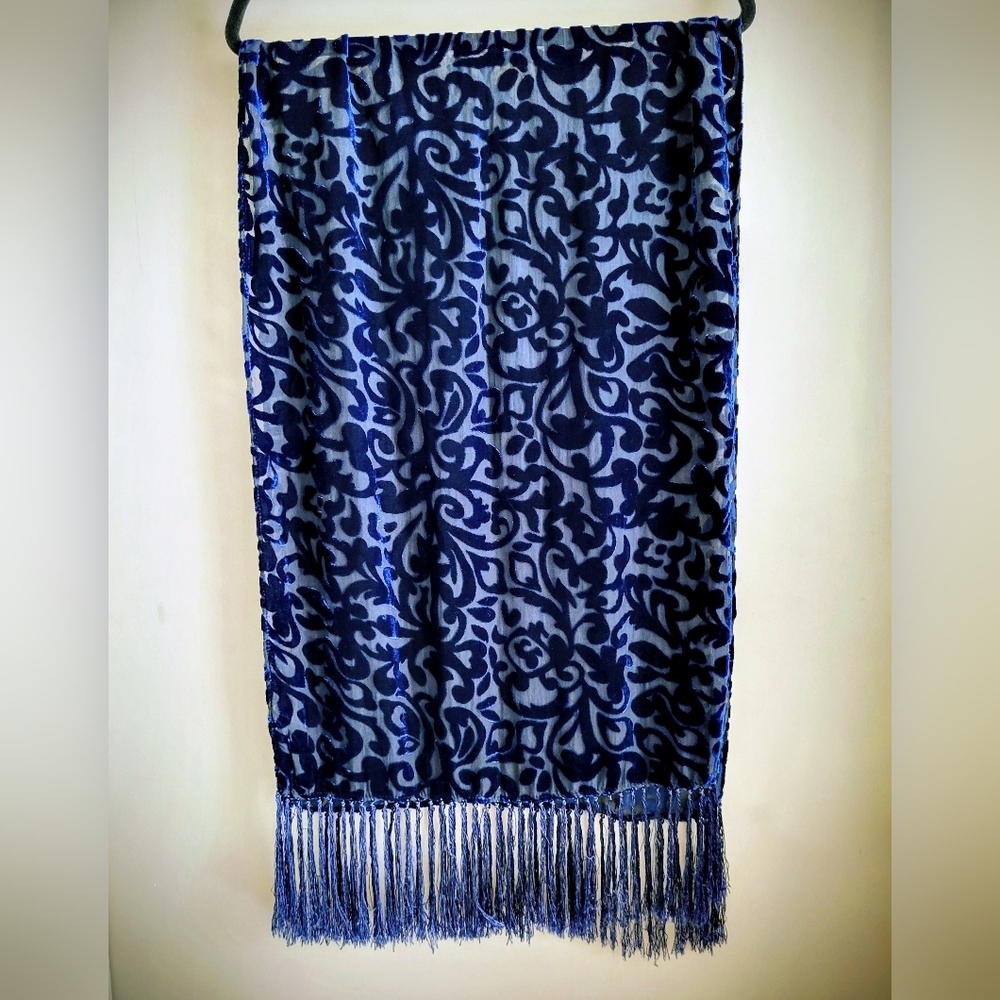 Vintage Silk Velvet Burnout Scarf with Fringe – Witchy Midnight Blue